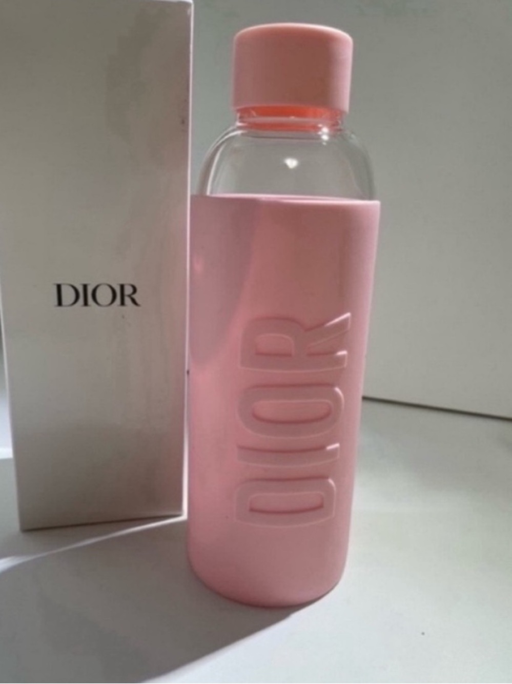 Dior pink glass water bottle